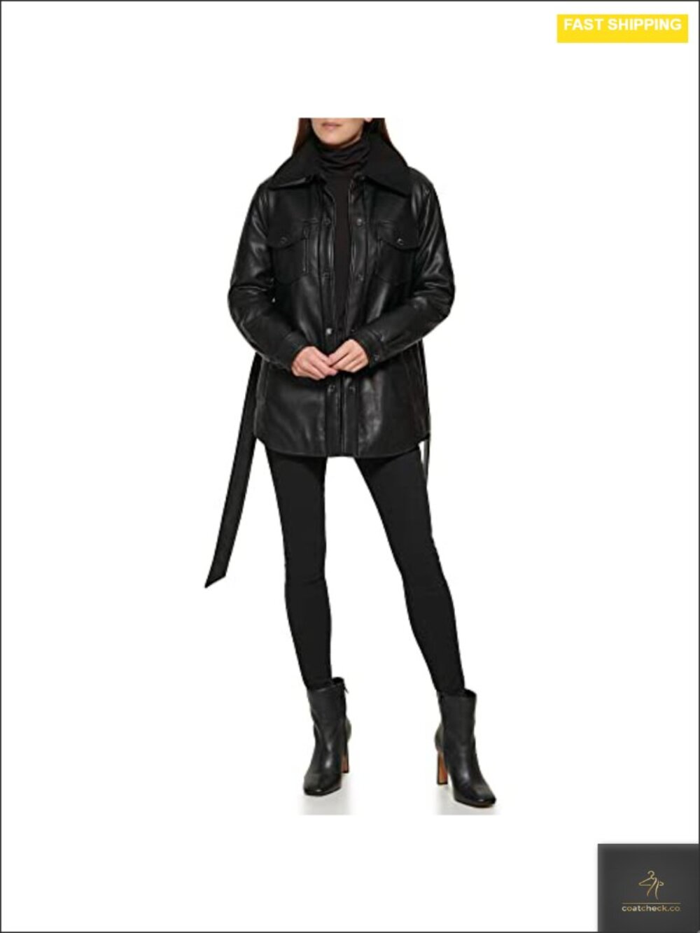 Women's Faux-Leather Shacket Belted Trench Coat Long Sleeve